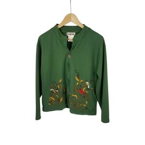 Vintage Timberlea L/G Green Embroidered Birds Fall Autumn Full Zip Up Sweatshirt